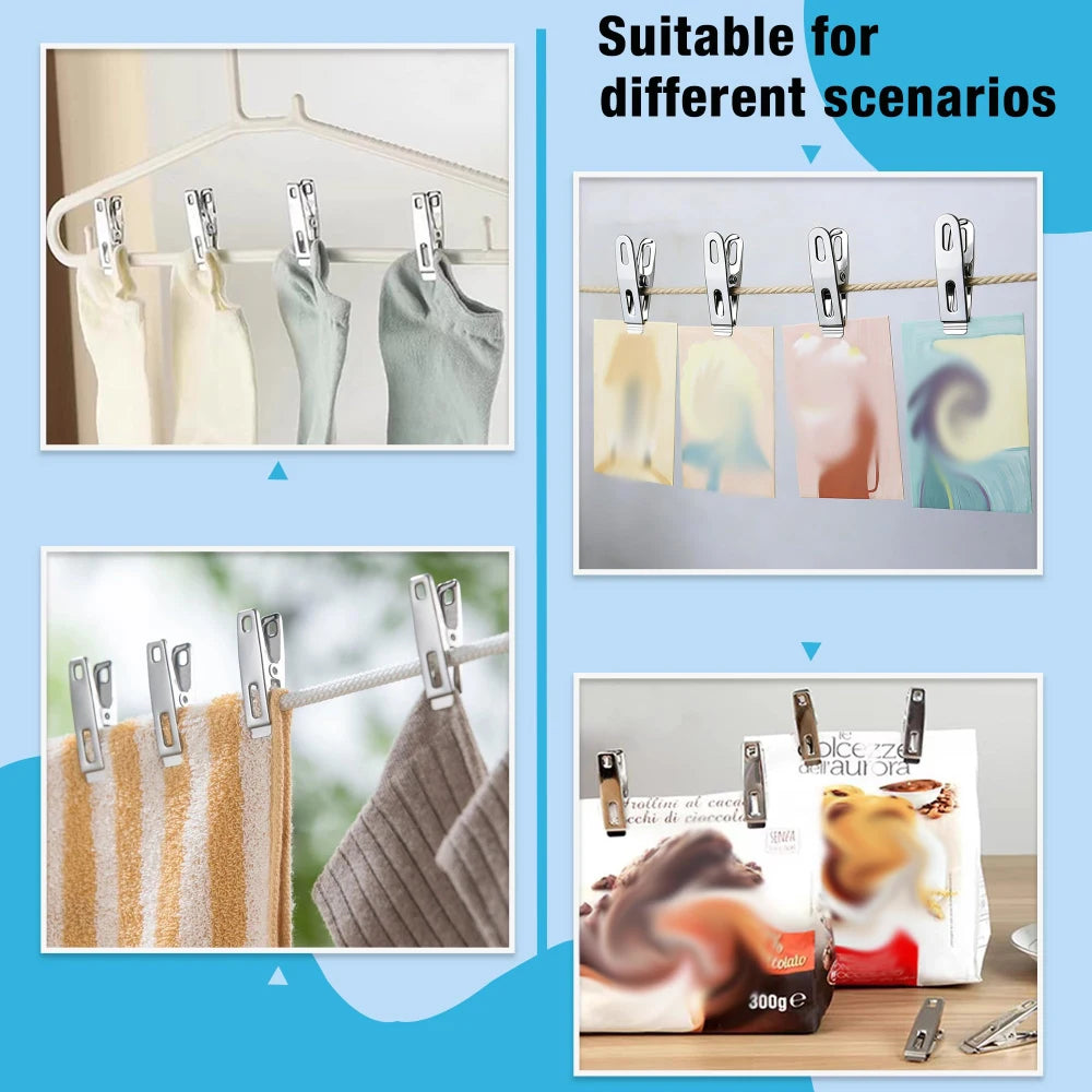 Stainless Steel Metal Clips Set - Durable Windproof Clothespins for Kitchen Food Sealing, Document Organizers & Home Storage