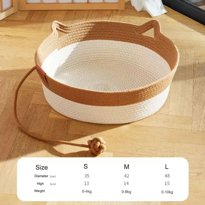 Woven Rattan Cat Bed — Round Breathable Summer Cooling Pet House, Indoor